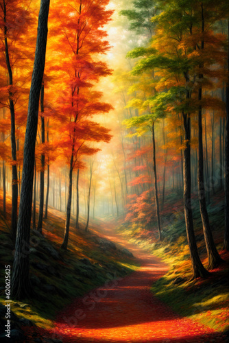 Autumn forest nature with woods, painting, Generative AI illustrations © Nengah