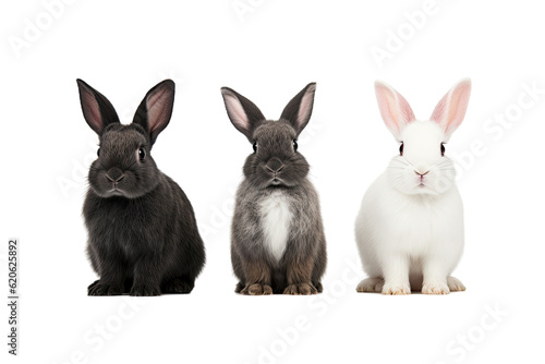 A recently born rabbit with three different colors is standing and gazing upward. The photo was taken in a studio, with the rabbit isolated against a transparent background. photo