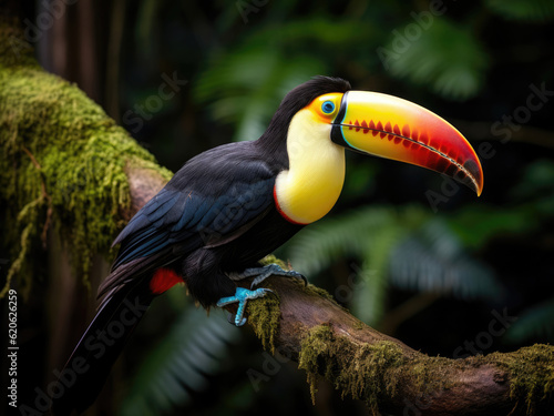 Toucan sits on a branch in the summer forest