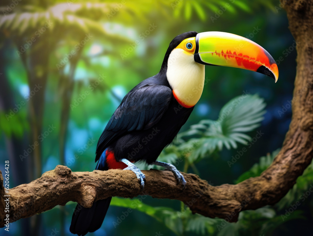 Obraz premium Toucan sits on a branch in the summer forest