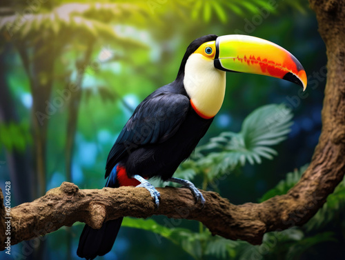 Toucan sits on a branch in the summer forest © Veniamin Kraskov