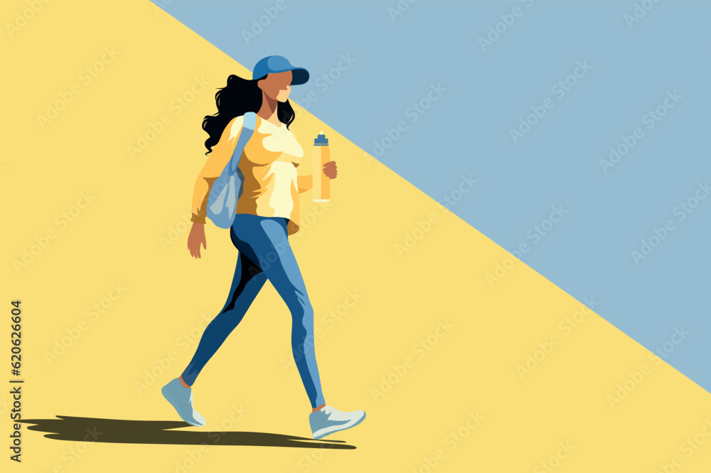 Fototapeta premium Vector sports illustration banner place for text a girl in a cap goes in for sports walks with a bottle of water in her hands an athlete on a yellow blue background