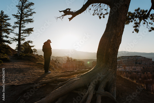 Man standing at Sunrise Point at Rim Trail in Bryce Canyon National Park, Utah and looking into canyon during first light