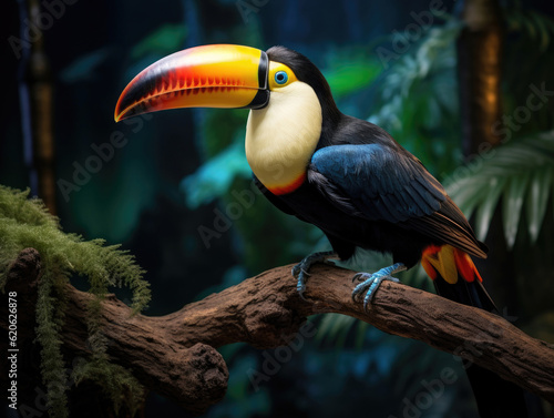 Toucan sits on a branch in the summer forest