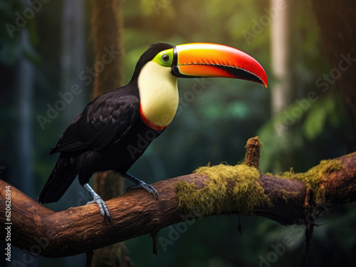 Toucan sits on a branch in the summer forest