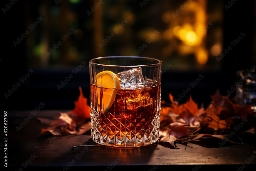 fall autumn old fashioned cocktail with autumn leaves and light in the background fall autumn old fashioned cocktail with autumn leaves and light in the background