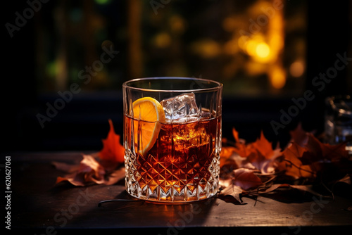 fall autumn old fashioned cocktail with autumn leaves and light in the background
