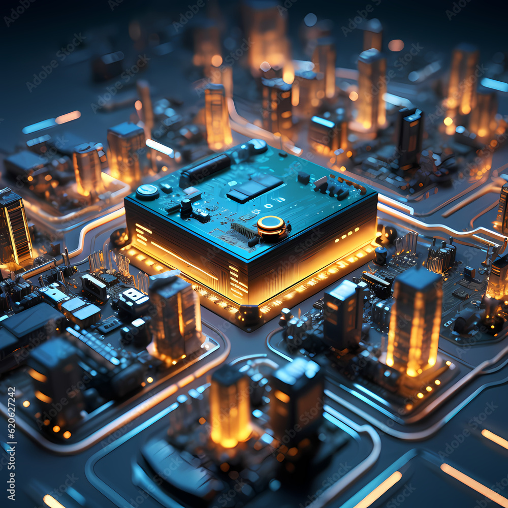electronic city circuit board in orange and blue electronic city circuit board in orange and blue