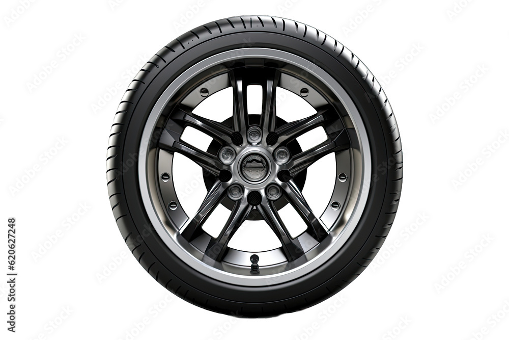 A newly manufactured automobile wheel that's separate from the rest of the car and is placed on a plain transparent background.
