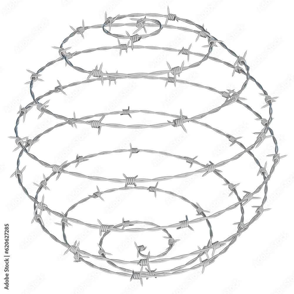 a 3D illustration of a barbed wire fence twisted into a spherical spiral shape.