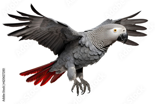 African Grey Parrot flying isolated on white, transparent background, PNG