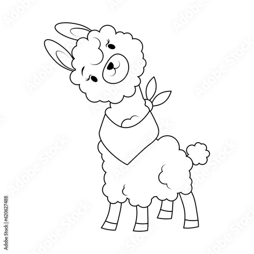 Cute alpaca in black outline coloring page for kids