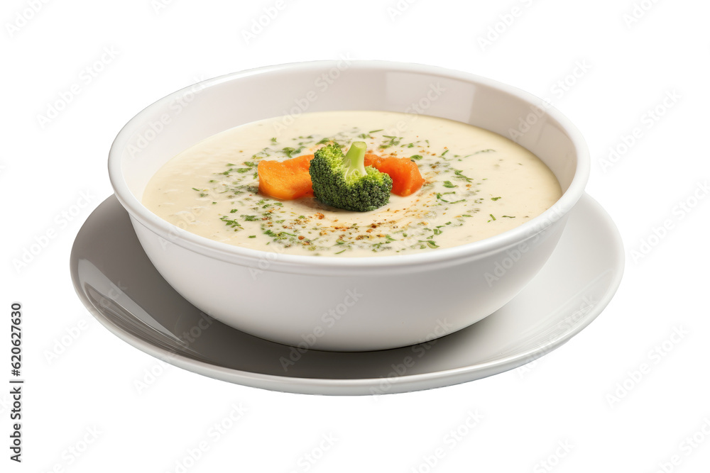 A transparent background highlights a bowl filled with vegetable cream soup.