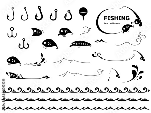 釣り道具のイラストと波のフレーム_シルエット素材
