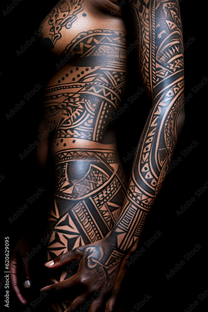 Nude woman with full body tribal tattoos. Generative Ai image