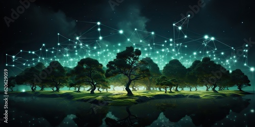 AI Generated. AI Generative. Glowing light energy forest trees at night. Nature outdoor wild landscape. Graphic Art
