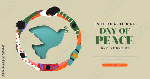 International day of peace group of people hugging and paper cut dove vector illustration