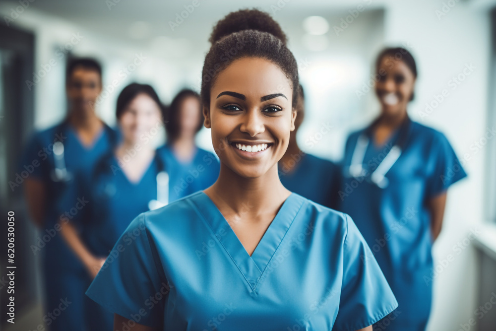 Portrait of a young nursing student standing with her team in hospital, dressed in scrubs, Doctor intern . High quality photo Portrait of a young nursing student standing with her team in hospital, dressed in scrubs, Doctor intern . High quality photo