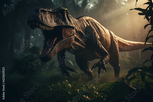 Realistic T-Rex hunting in prehistoric jungle. Generative AI © Evelina