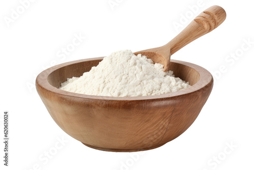 A flour spoon rests inside a wooden bowl filled with rice or wheat flour, which is seen on a plain transparent background.