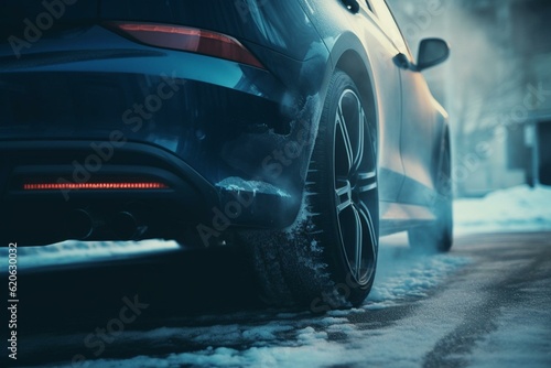 Close-up of smoking exhaust pipe from gasoline car warming up at idle during winter season. Blue smoke. Generative AI