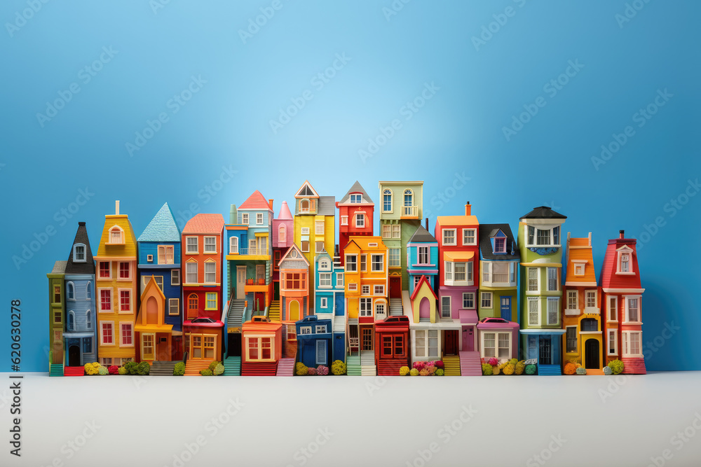 Toy village with many colored miniature houses - Generative AI