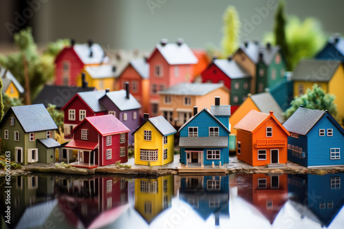 Toy village with many colored miniature houses - Generative AI