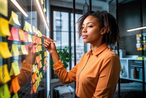 Illustration of a woman using sticky notes to brainstorm and plan in a business setting created with Generative AI technology