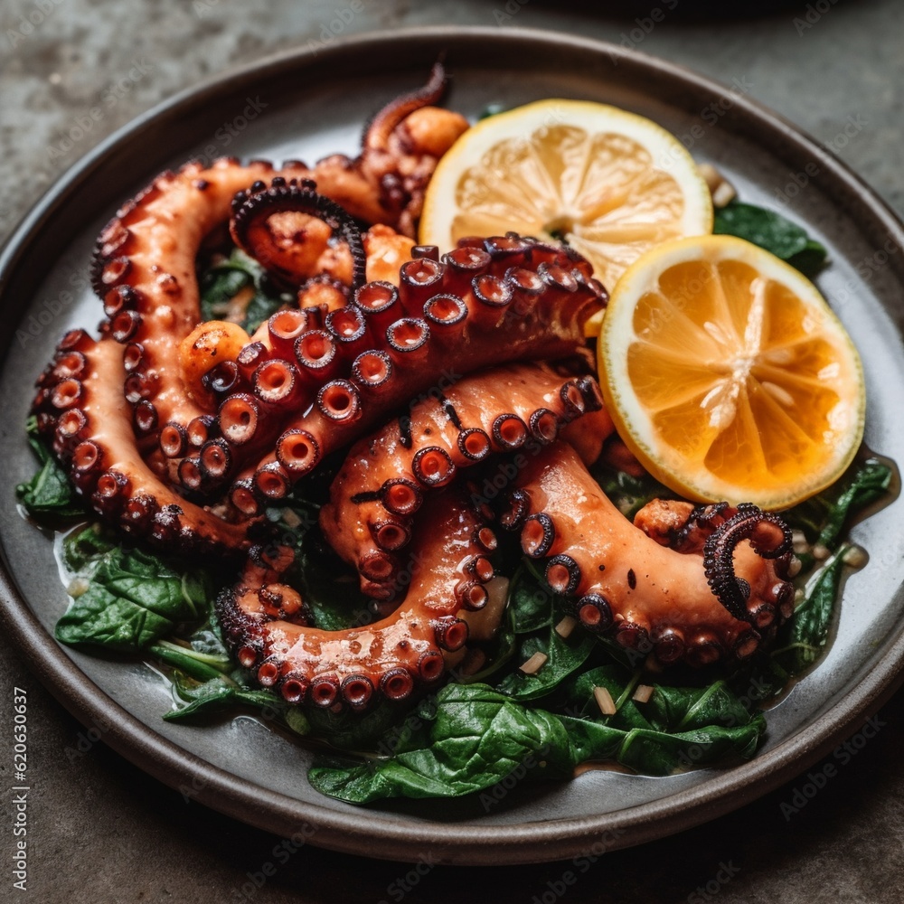 Grilled octopus with herbs and spices, salad and lemon on plate. generative ai