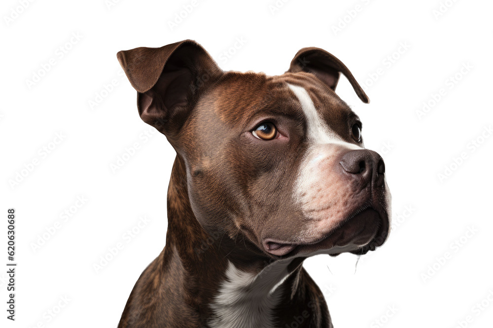 Headshot photo of a rescue dog with a brown and white coat, closing its eyes and turning its gaze towards the side. The dog is of the pit bull breed and is captured against a light gray backdrop.