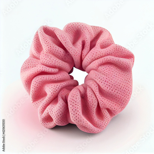 Pink hair scrunchie, a fabric-covered elastic band used for fastening hair, isolated on a white background Ai generated image