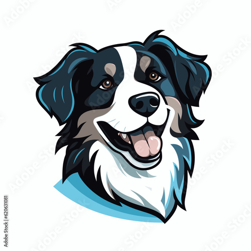 Vector of a black and white dog with a blue collar