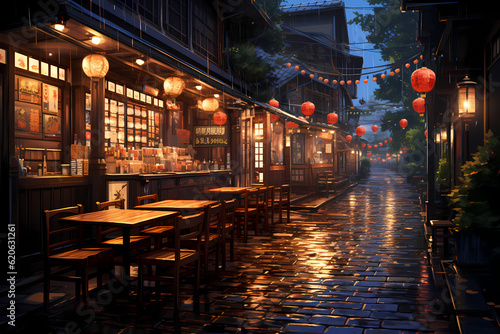 view of the restaurant and the street  anime style