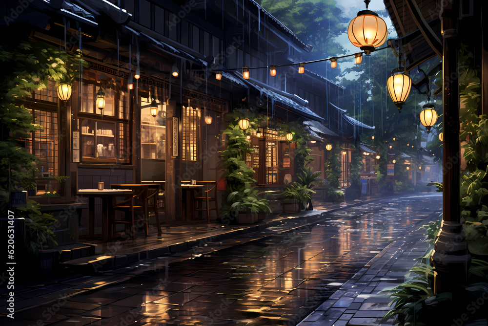 view of the restaurant and the street, anime style