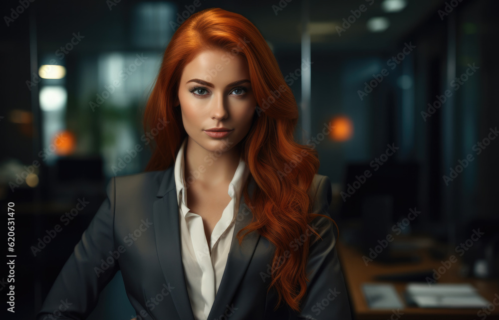 Close up of a redhead businesswoman with her workspace on the background. Generative AI Close up of a redhead businesswoman with her workspace on the background. Generative AI