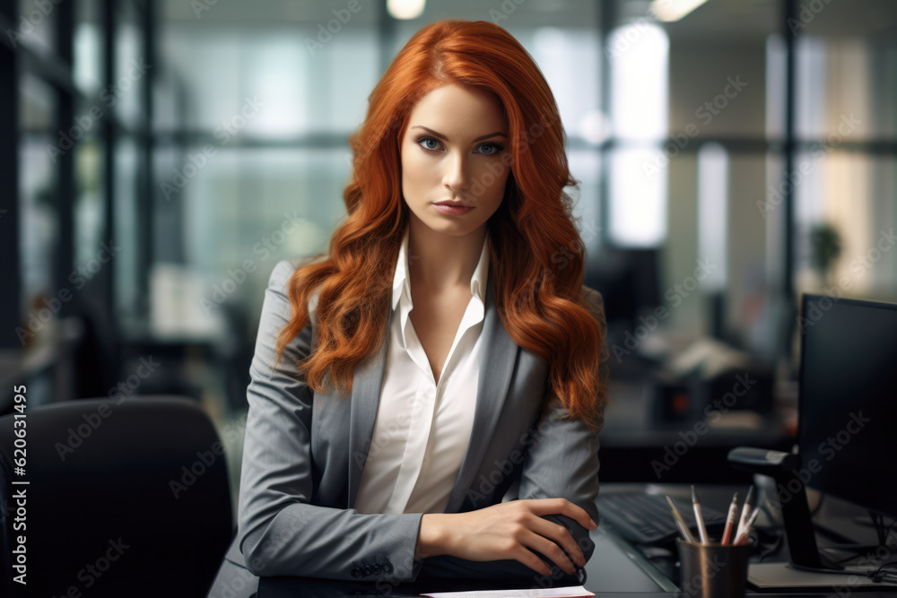 Close up of a redhead businesswoman with her workspace on the background. Generative AI Close up of a redhead businesswoman with her workspace on the background. Generative AI