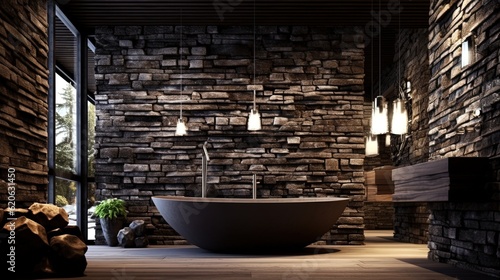 Modern modern bathrooms 20 bathroom designs with stone wall, in the style of dark modernism, cottagepunk, naturalistic compositions, black background, brett weston, creased crinkled wrinkled