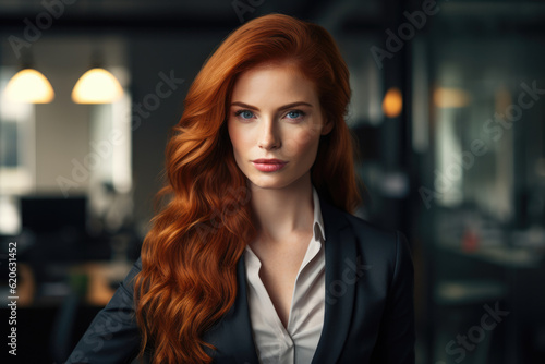 Close up of a redhead businesswoman with her workspace on the background. Generative AI