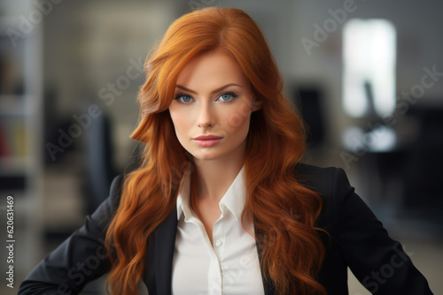 Wallpaper Mural Close up of a redhead businesswoman with her workspace on the background. Generative AI Torontodigital.ca