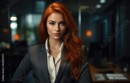 Close up of a redhead businesswoman with her workspace on the background. Generative AI