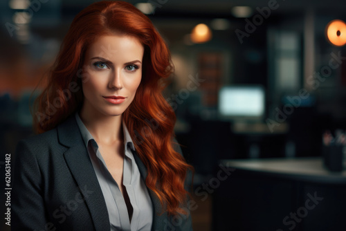 Wallpaper Mural Close up of a redhead businesswoman with her workspace on the background. Generative AI Torontodigital.ca