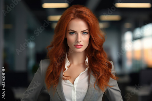 Wallpaper Mural Close up of a redhead businesswoman with her workspace on the background. Generative AI Torontodigital.ca