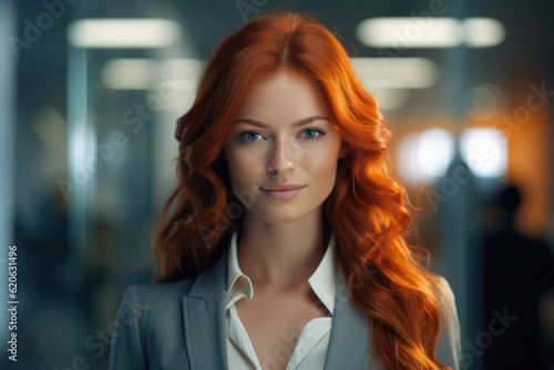 Wallpaper Mural Close up of a redhead businesswoman with her workspace on the background. Generative AI Torontodigital.ca