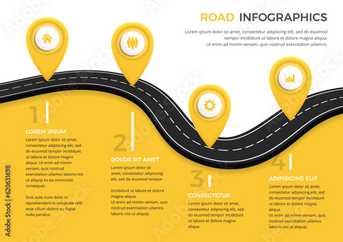 Road infographics template with four elements with place for your icons and text, vector eps10 illustration