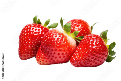 A single strawberry is separated from the others. The strawberries are being separated. A complete, partially sliced strawberry is placed on a transparent background. The strawberries are being