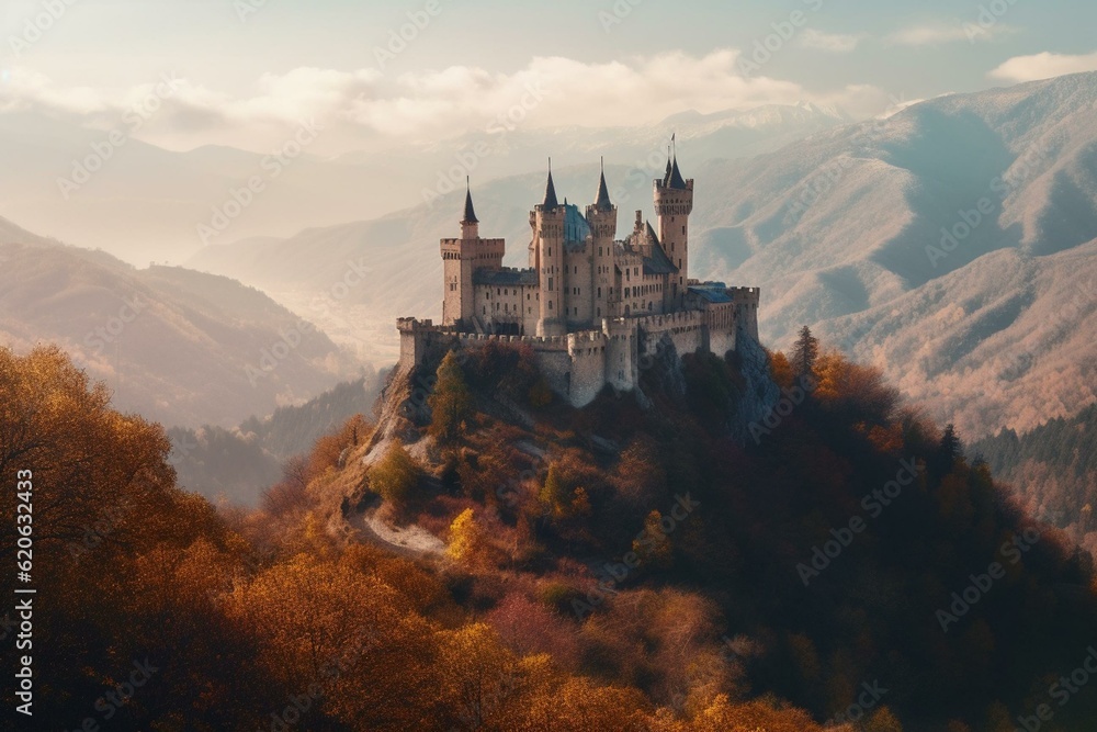 Medieval fantasy castle in mountainous terrain with scenic city and surrounding landscape. Generative AI
