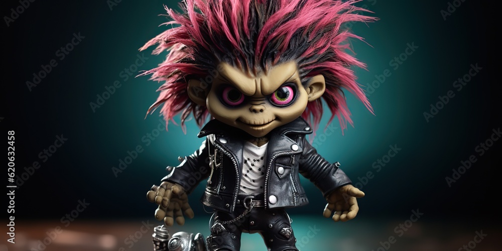 AI Generated. AI Generative. Cute baby monster figure in leather rock and roll punk jacket. Halloween scary funny boo vibe. Kids cartoon character. Graphic Art AI Generated. AI Generative. Cute baby monster figure in leather rock and roll punk jacket. Halloween scary funny boo vibe. Kids cartoon character. Graphic Art