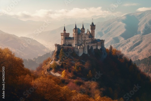 Medieval fantasy castle in mountainous terrain with scenic city and surrounding landscape. Generative AI