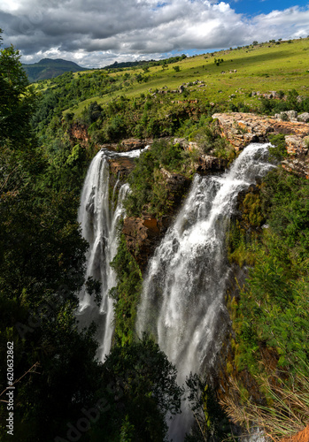 Panorama View of the highveld and the Lisbon Falls  along the Panorama Route in Mpumalanga Province of South Africa. The waterfall is 94 m high and named for the capital city of Portugal.