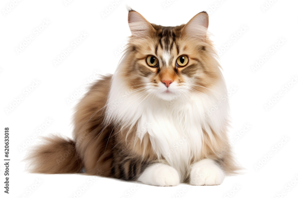 A Norwegian Forest cat is seen sitting, facing the camera, alone on a transparent background.